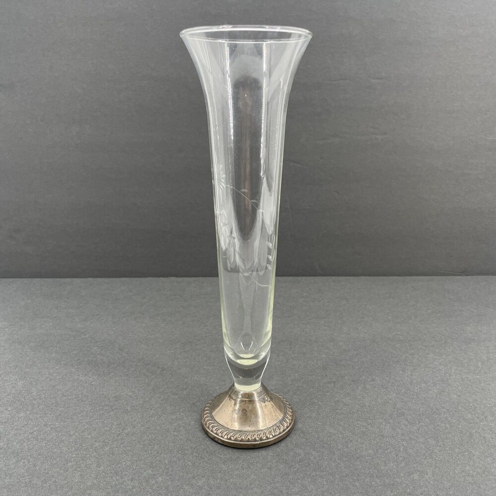 Duchin Creations Sterling Base Etched Glass Flute Bud Vase Tulip Weighted 9.5" T - Picture 3 of 13